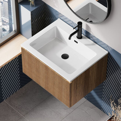 Flauto 600mm Country Oak Fluted Wall Hung Vanity Unit & Basin