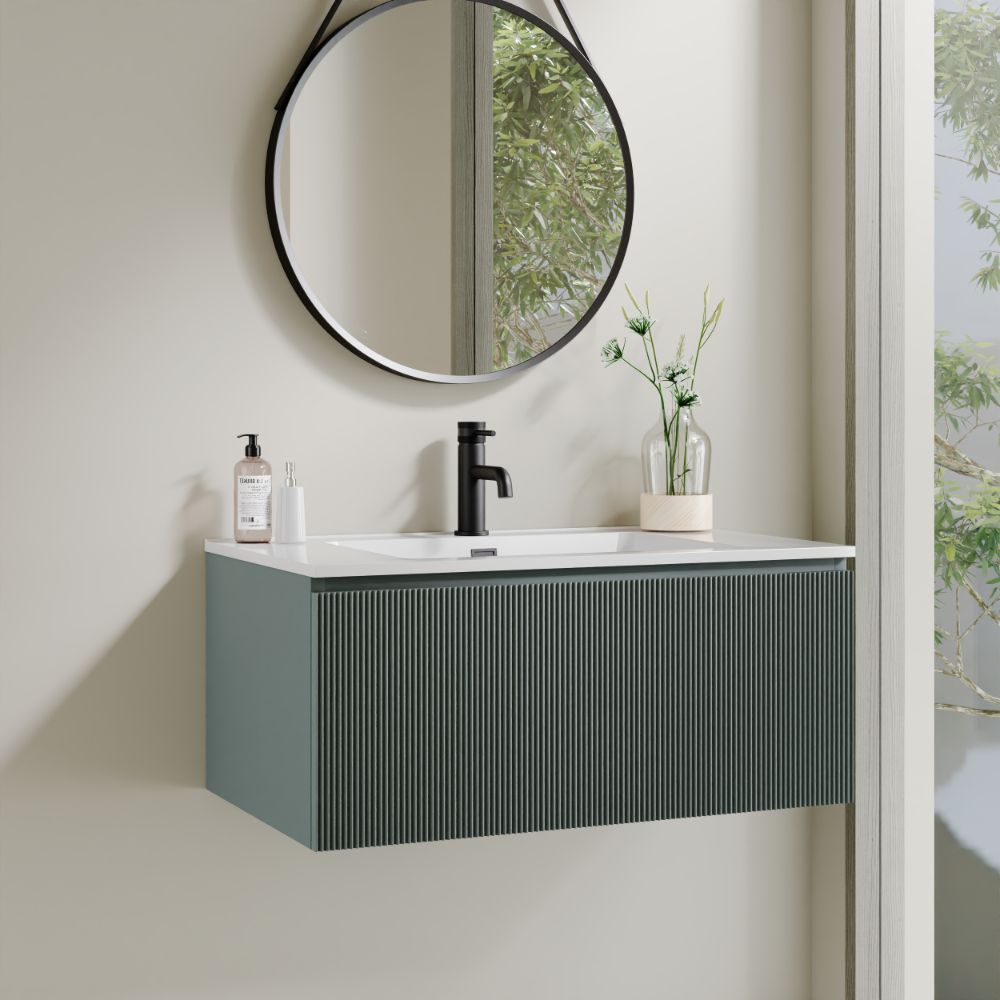 Flauto 800mm Smoked Sage Fluted Wall Hung Vanity Unit & Basin