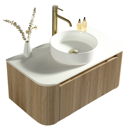 Astini Flauto Country Oak 870mm Curved Corner Wall Hung Vanity Unit & Sintered Stone Counter Top