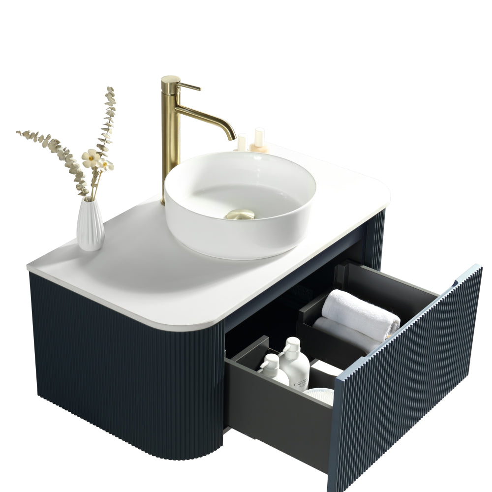 Astini Flauto Midnight Shadow 870 Curved Corner Wall Hung Vanity Unit & Sintered Stone Counter Top