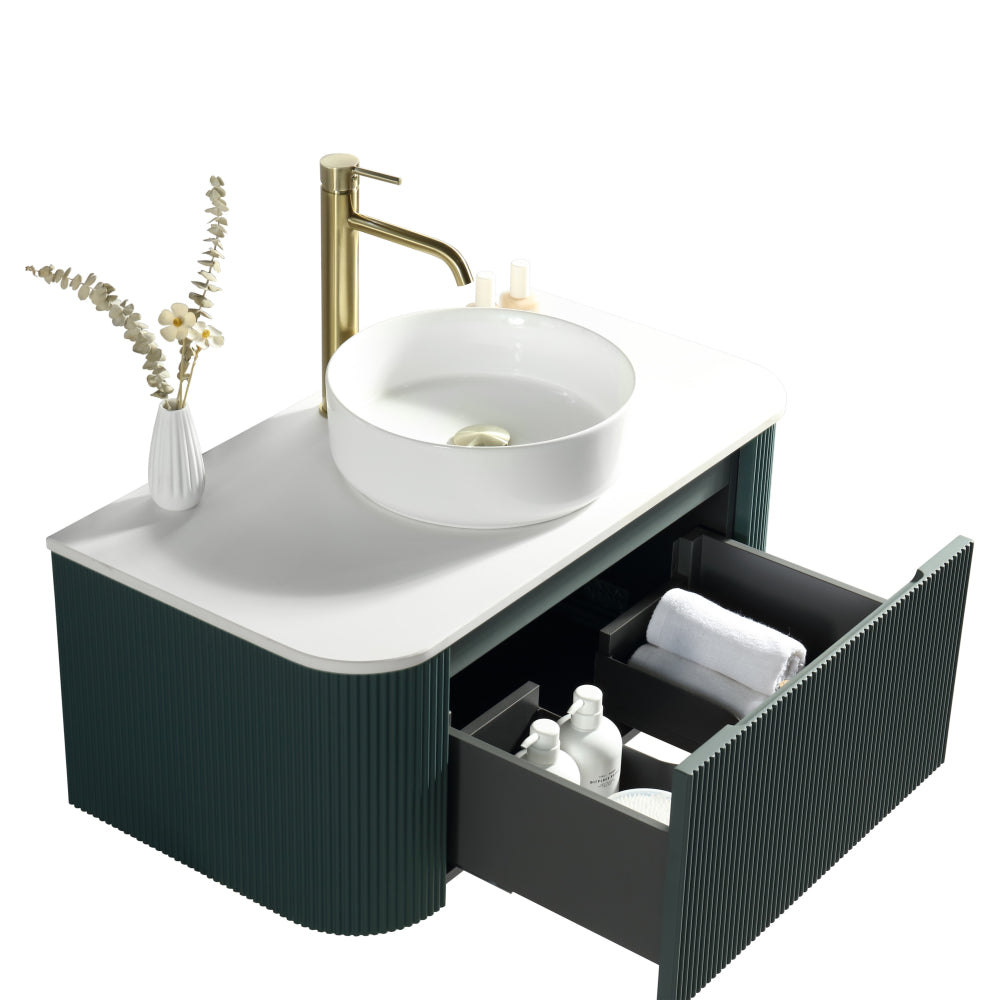 Astini Flauto Smoked Sage 870 Curved Corner Wall Hung Vanity Unit & Sintered Stone Counter Top