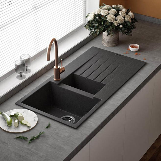 Reginox Harlem 1.5 Bowl Black Silvery Granite Composite Kitchen Sink & Waste Kit - 1000 x 500mm