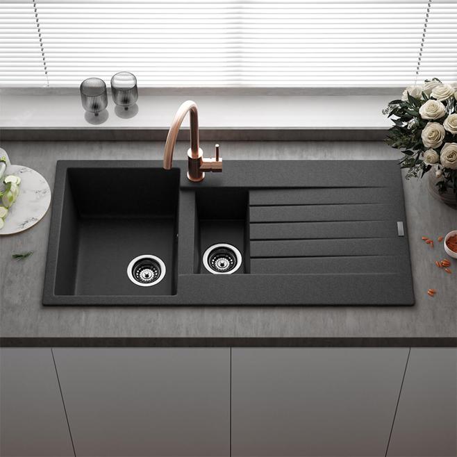 Reginox Harlem 1.5 Bowl Black Silvery Granite Composite Sink & Waste Kit and Reginox Nera Single Lever Kitchen Mixer Tap - Matt Black