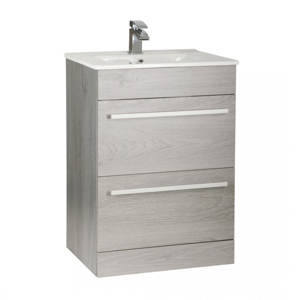 Purity 600mm White Gloss 2 Drawer Floor Standing Unit & Ceramic Basin With Handles In 3 Variants