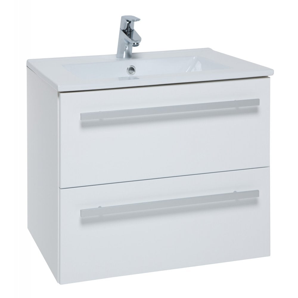 Purity 600mm 2 Drawer Wall Mounted Unit & Ceramic Basin With Handles In 3 Variants