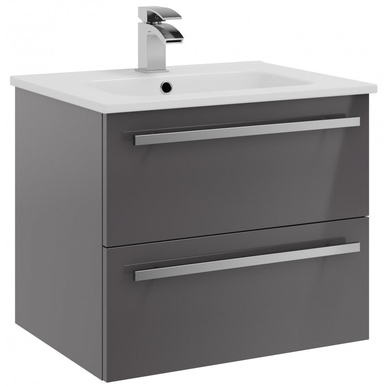 Purity 600mm 2 Drawer Wall Mounted Unit & Ceramic Basin With Handles In 3 Variants