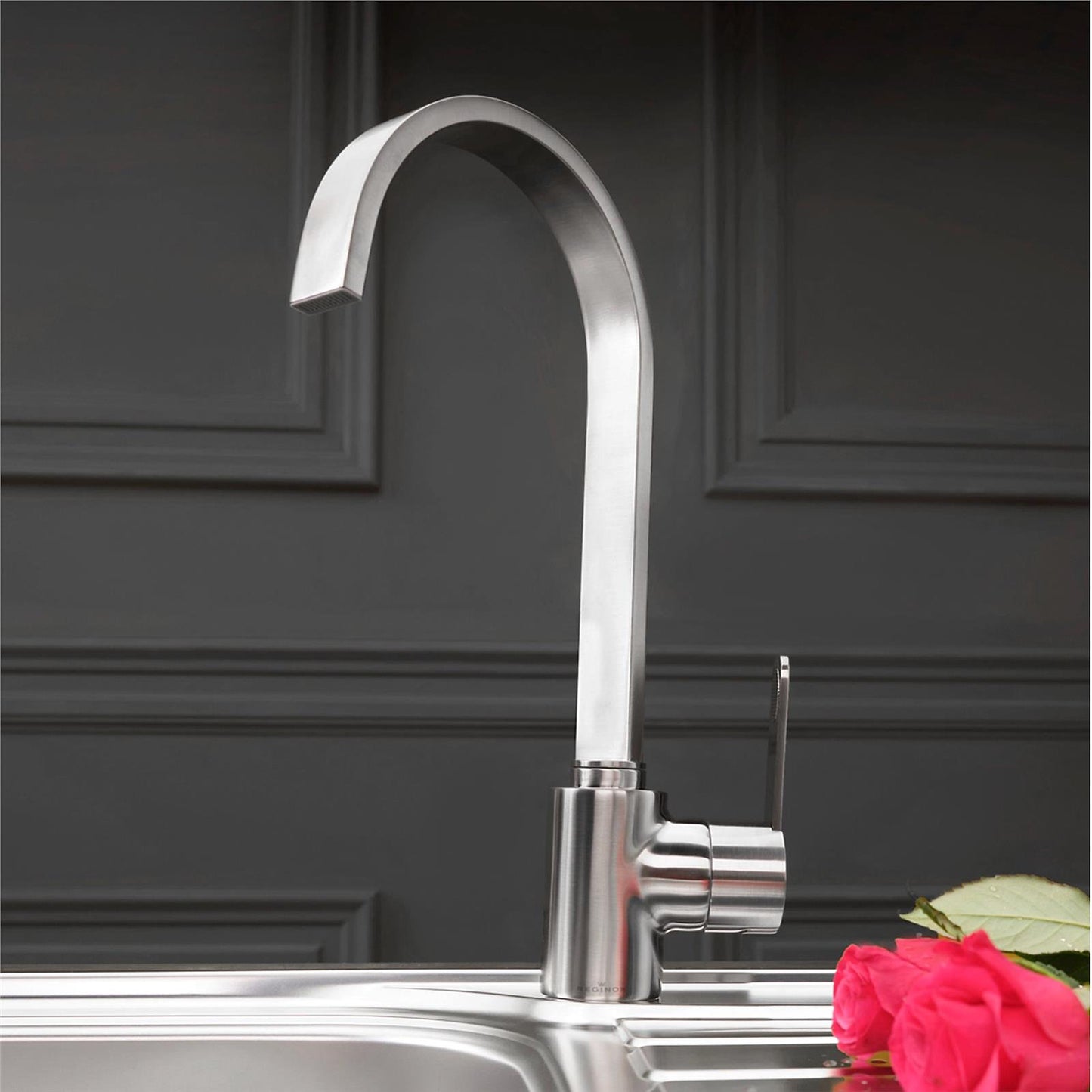 Reginox AMUR Brushed Nickel Single Lever Swan Neck Kitchen Mixer Tap