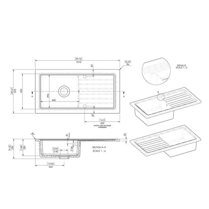 Reginox 1 Bowl Ceramic Kitchen Sink & Waste Kit with Reversible Drainer - 1010 x 525mm